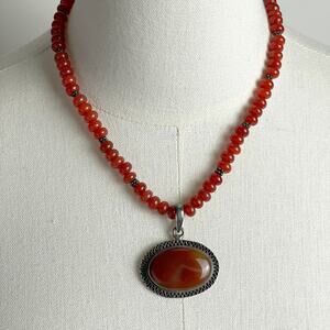 Vintage Sterling‎ Silver Carnelian Pendant Necklace Artisan Studio 925 Boho